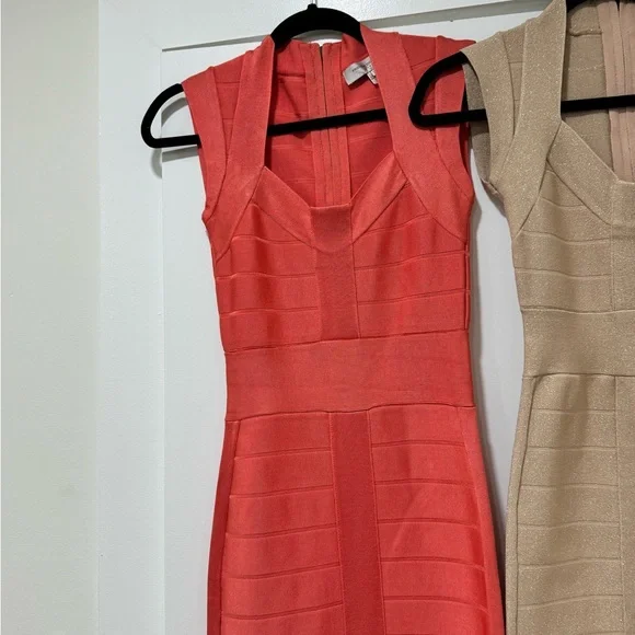French Connection Pink and Tan Mini Bodycon Dress V-Neck Cocktail - Picture 2 of 5